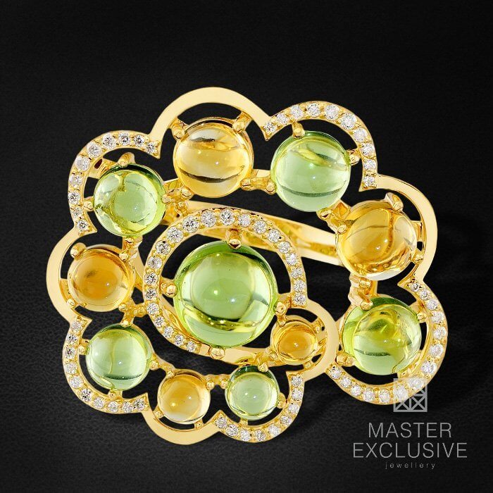 Кольцо с бриллиантами, хризолитом, цитрином из желтого золота 750 пробы, фото № 2