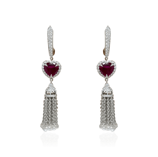 Серьги-кисти в виде сердец с рубином, бриллиантами из белого золота 750 пробы (арт. 99320)