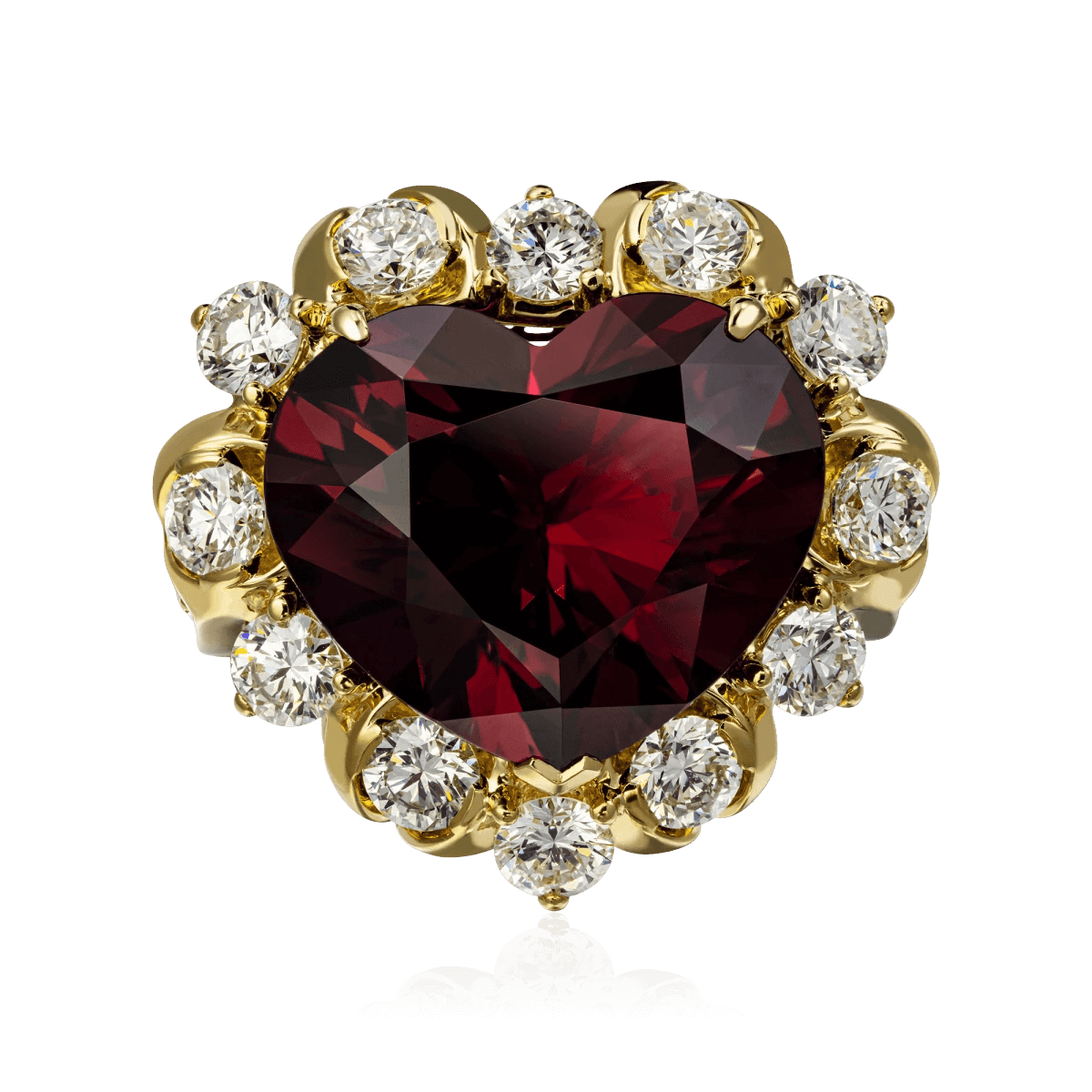 Кольцо в форме сердца с родолитом, бриллиантами из желтого золота 750 пробы, фото № 2