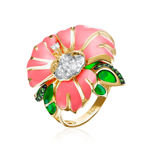 Кольцо в виде цветка с изумрудом, бриллиантами, эмалью из красного золота 585 пробы, фото № 1