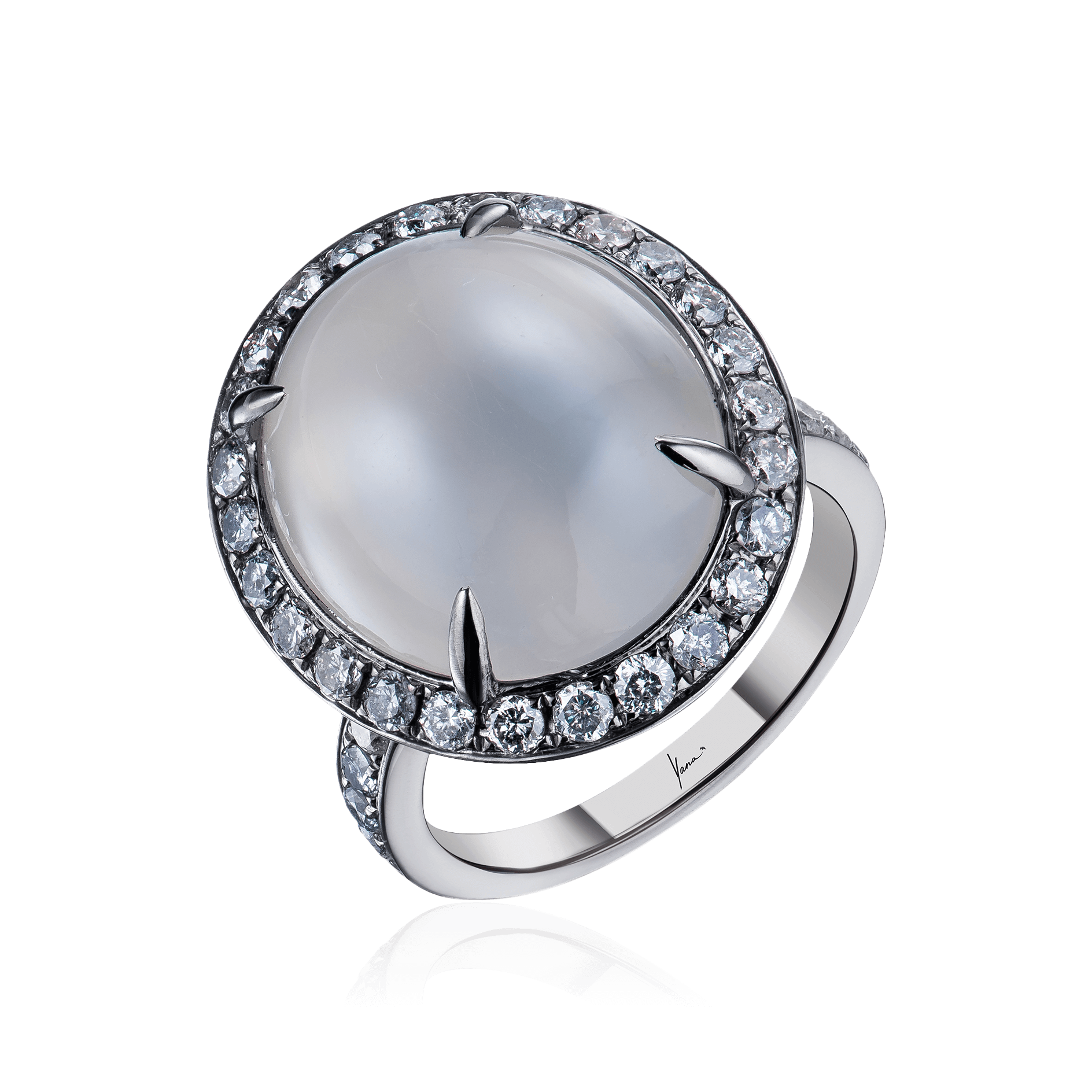 Кольцо с лунным камнем, серыми бриллиантами из белого золота 750 пробы, фото № 1