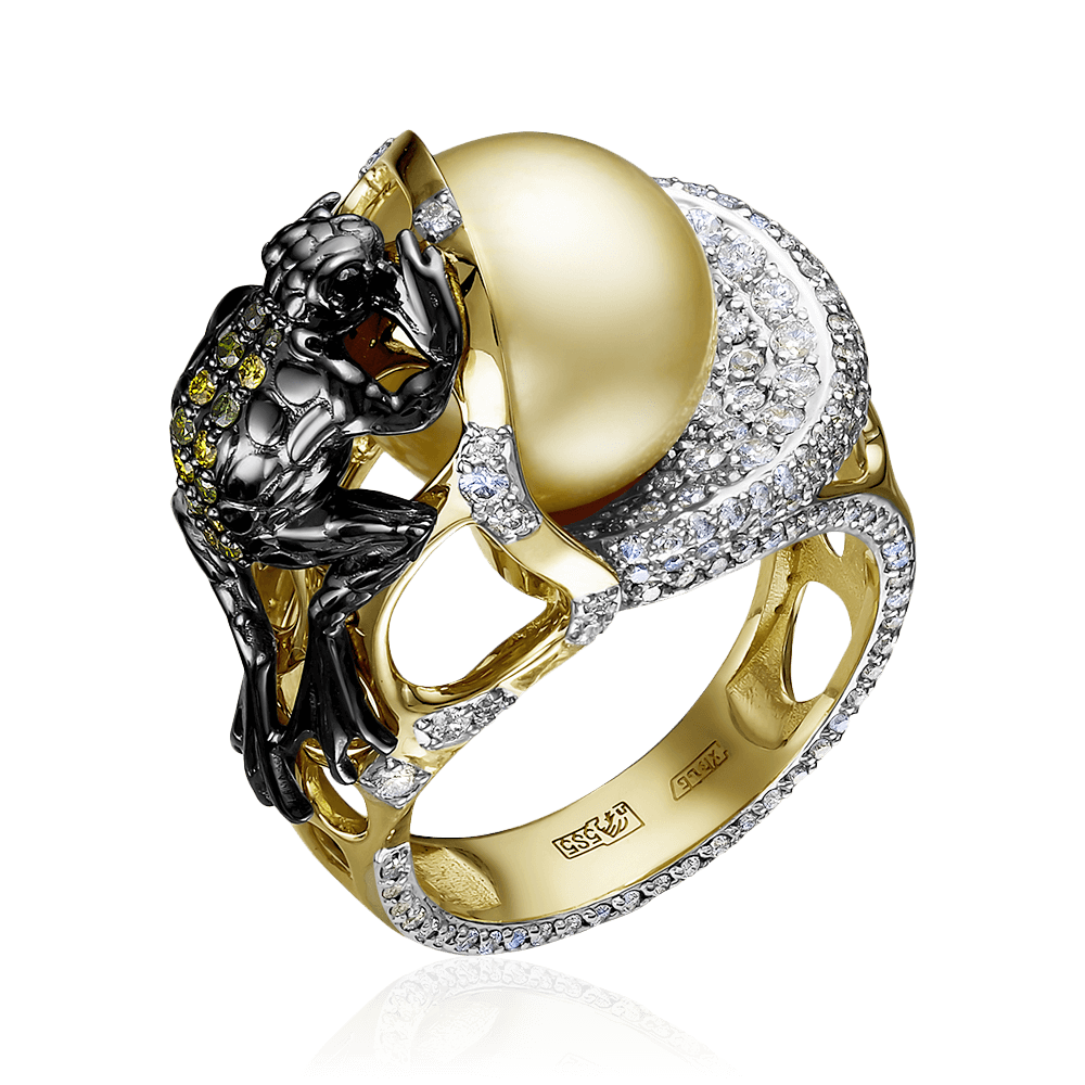 Кольцо Лягушка с жемчугом, бриллиантами из комбинированного золота 585 пробы (арт. 83013)