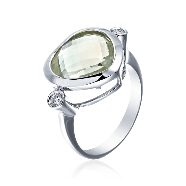 Кольцо с бриллиантами, празиолитом из белого золота 750 пробы, фото № 1