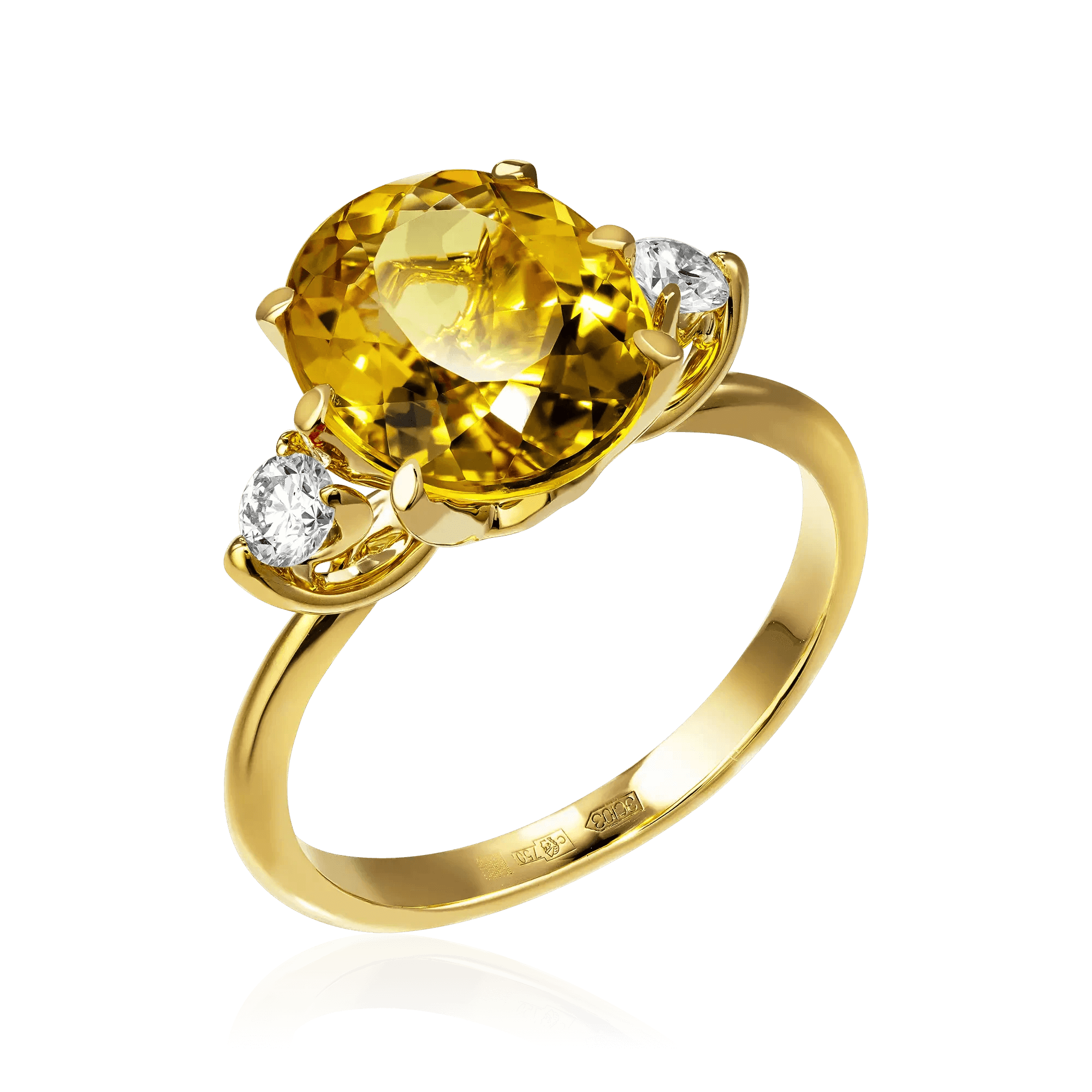 Кольцо с бриллиантами, гелиодором из желтого золота 750 пробы, фото № 1