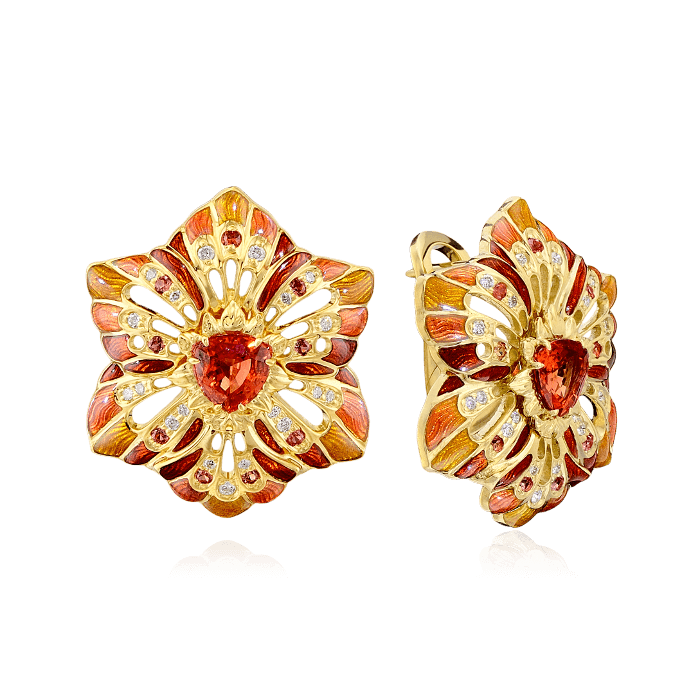 Серьги Цветы с бриллиантами, эмалью, сапфиром фантазийным из желтого золота 750 пробы (арт. 37039)