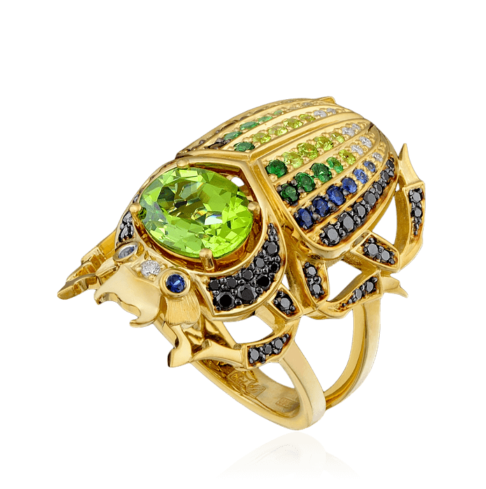 Кольцо Жук с цветными камнями и бриллиантами в желтом золоте 750 пробы (арт. 27712)