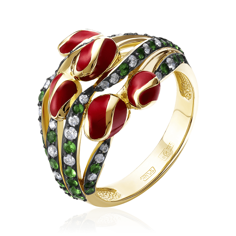 Кольцо тюльпаны с бриллиантами, эмалью, тсаворитом из желтого золота 585 пробы (арт. 85523)