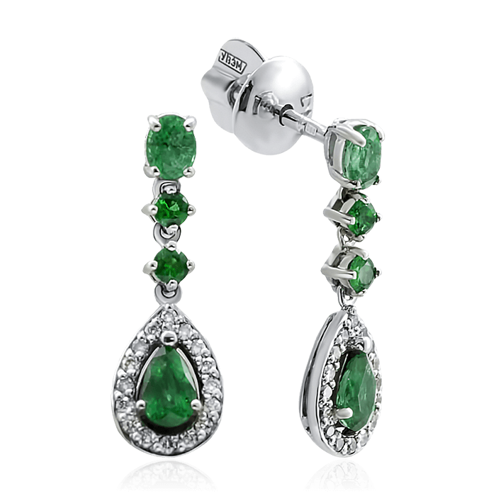 Серьги с изумрудом, бриллиантами из белого золота 585 пробы, фото № 1