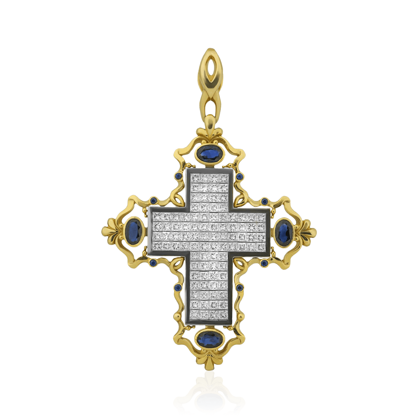 Крест с сапфиром, бриллиантами из желтого золота 750 пробы, фото № 1