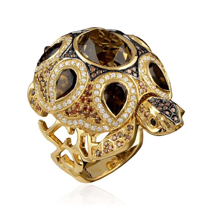 Кольцо Черепаха с раухтопазами, цитрином, бриллиантами в желтом золоте 585 пробы, фото № 1