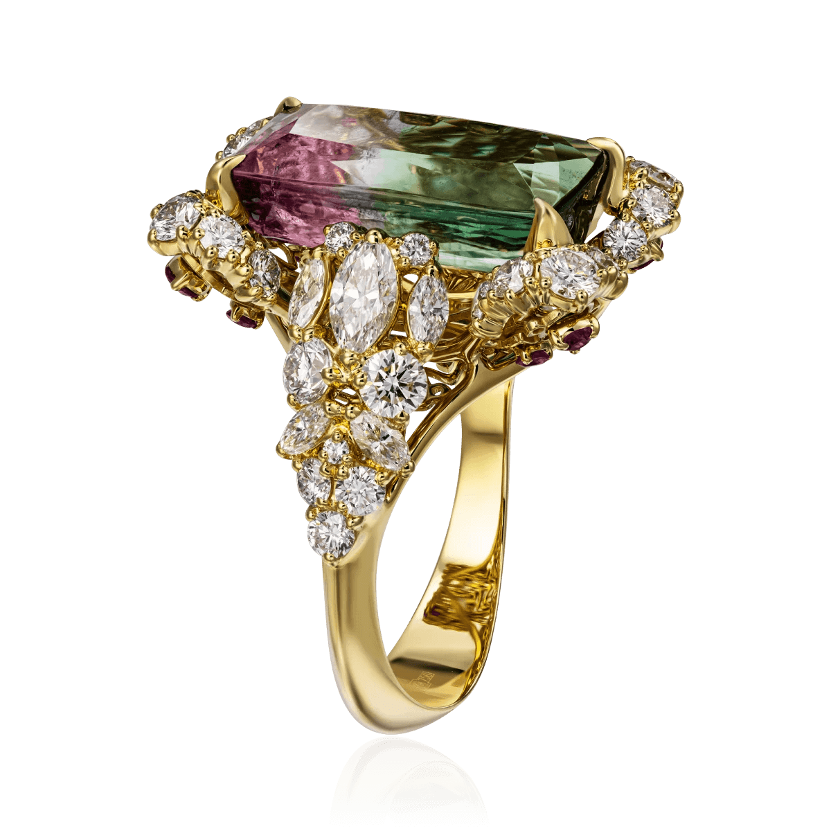 Кольцо с турмалином, сапфиром, бриллиантами из желтого золота 750 пробы, фото № 2