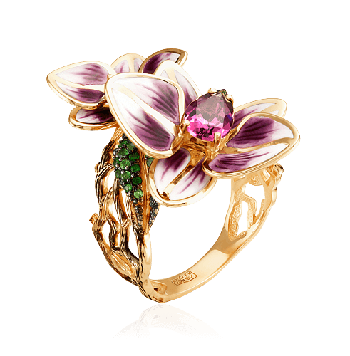 Кольцо Орхидея с эмалью, тсаворитом, родолитом из желтого золота 585 пробы (арт. 54608)