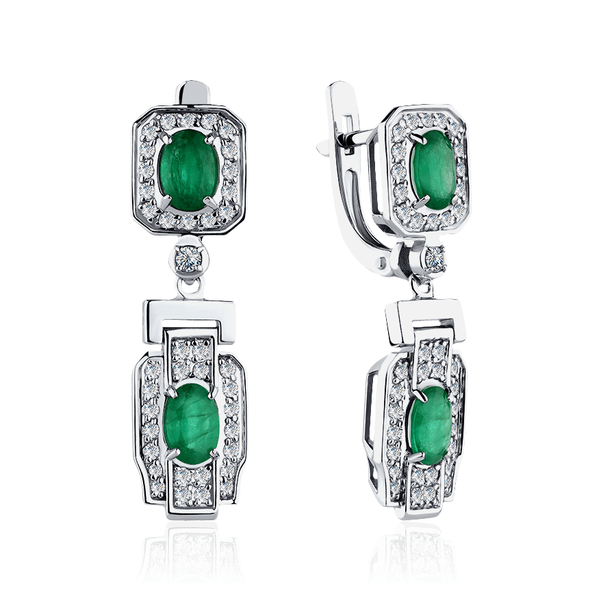 Серьги с изумрудом, бриллиантами из белого золота 585 пробы (арт. 99925)