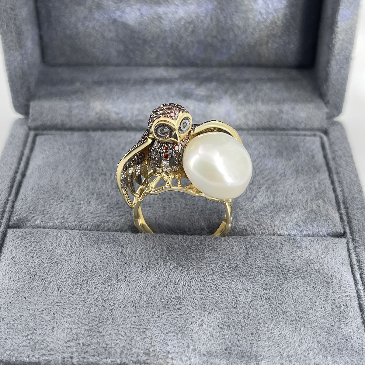 Кольцо Сова с бриллиантами из желтого золота 585, фото № 2