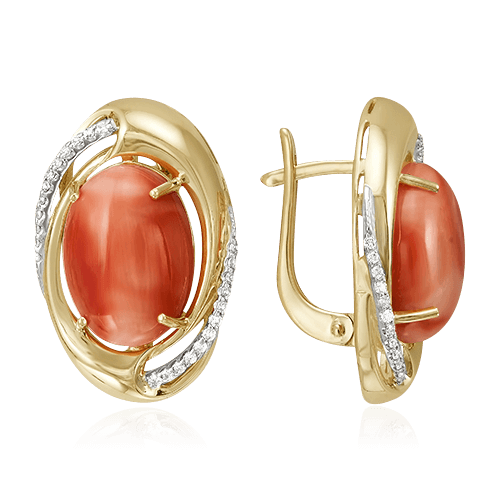 Серьги с бриллиантами, кораллом из желтого золота 585 пробы (арт. 68335)