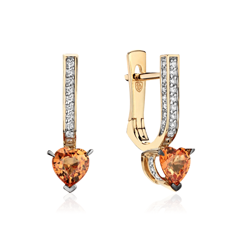 Серьги огранки сердце с цветными сапфирами, бриллиантами из желтого золота 585 пробы (арт. 92351)