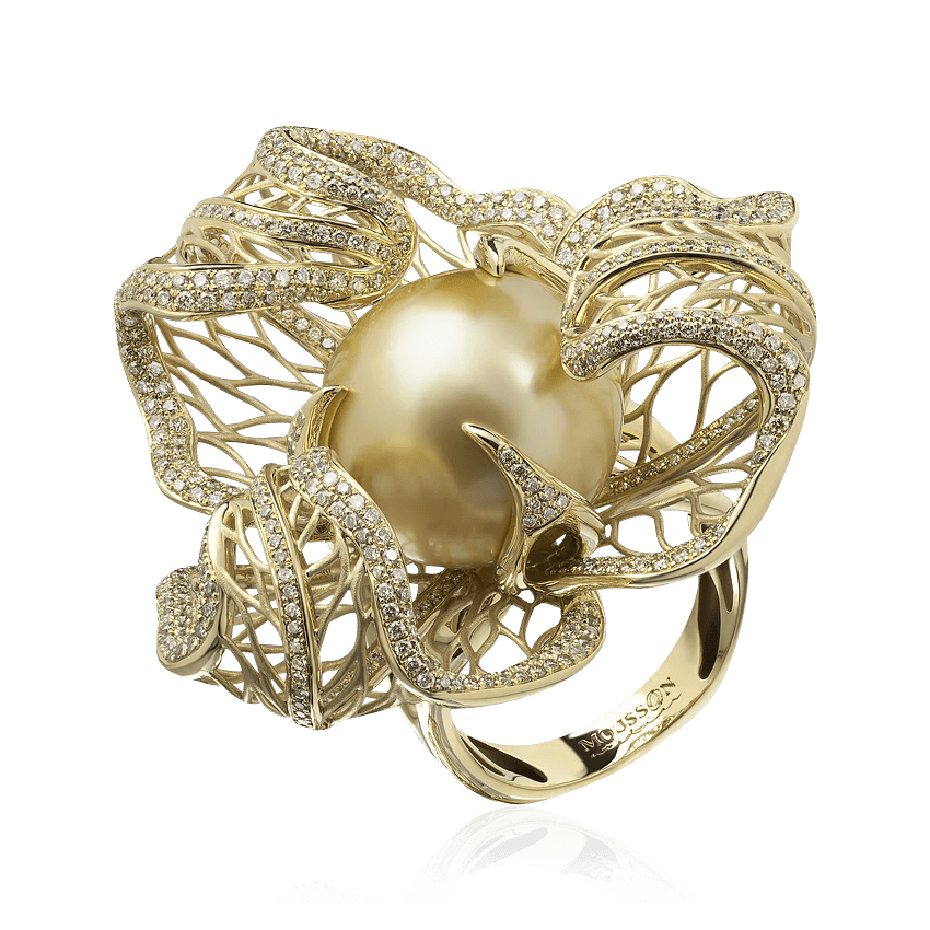 Кольцо Физалис с жемчугом, бриллиантами из желтого золота 750 пробы, фото № 1