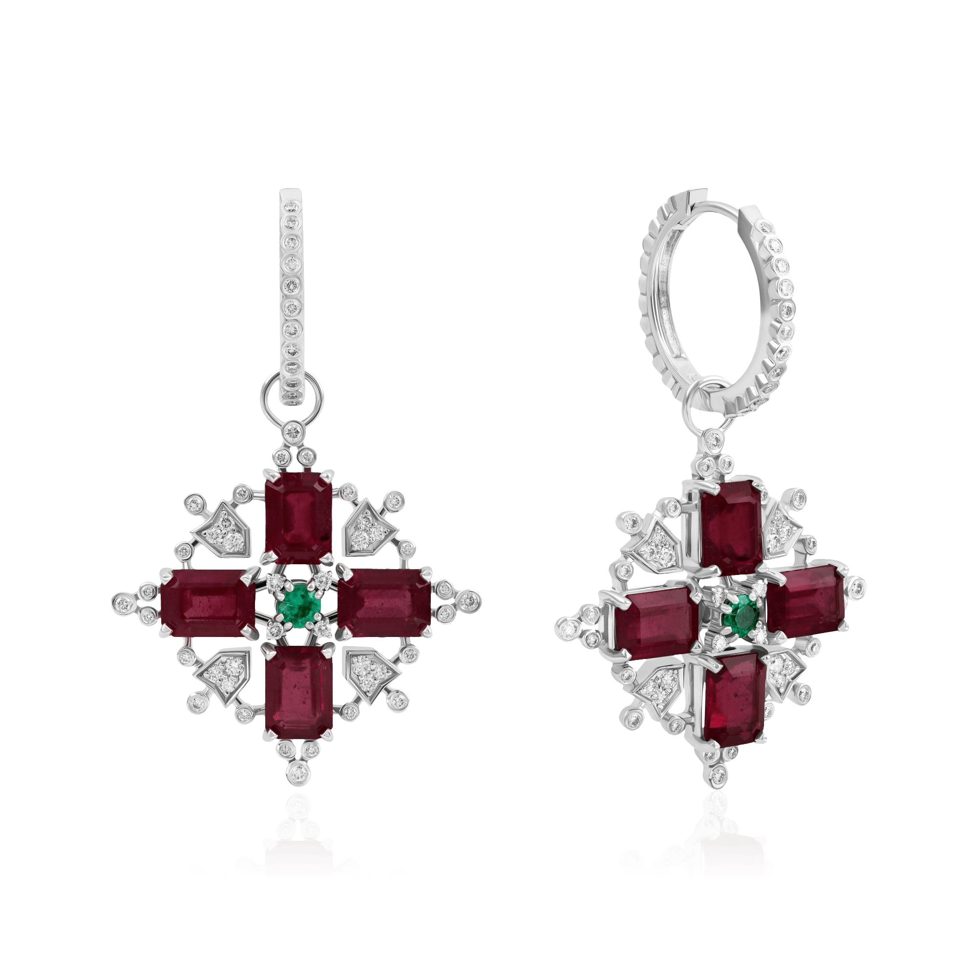 Серьги с рубином, бриллиантами, изумрудом из белого золота 750 пробы, фото № 1