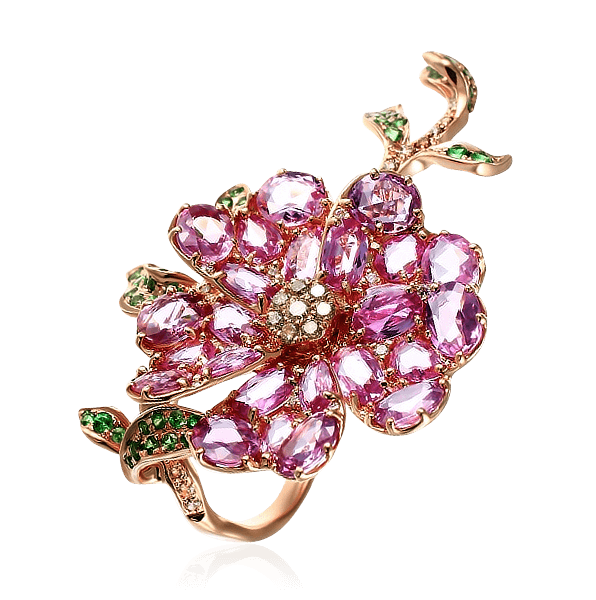 Кольцо Цветок с цветными сапфирами, бриллиантами, тсаворитом из красного золота 750 пробы, фото № 1