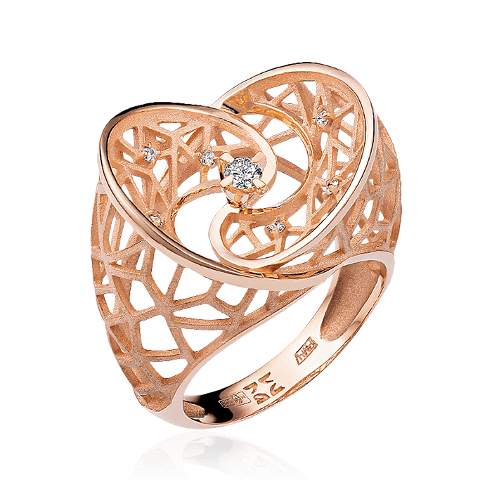 Кольцо в форме сердца с бриллиантами из красного золота 585, фото № 1