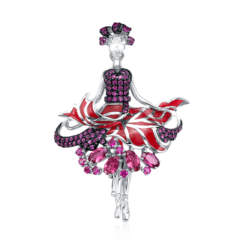 Кулон Балерина с рубином, сапфиром, эмалью, турмалином из белого золота 585 пробы, фото № 1