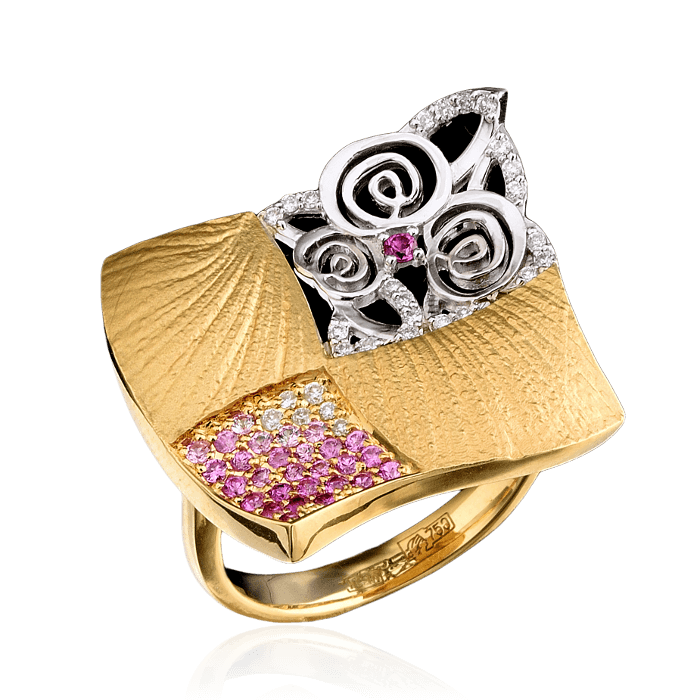 Кольцо с розовыми сапфирами и бриллиантами в комбинированном золоте 750 пробы, фото № 1