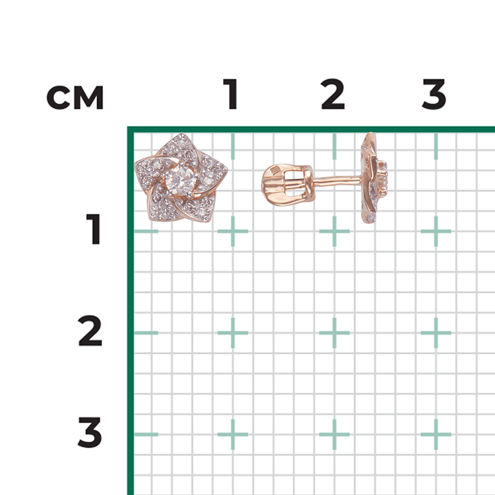 Серьги в виде цветов с бриллиантами из красного золота 585 пробы, фото № 3
