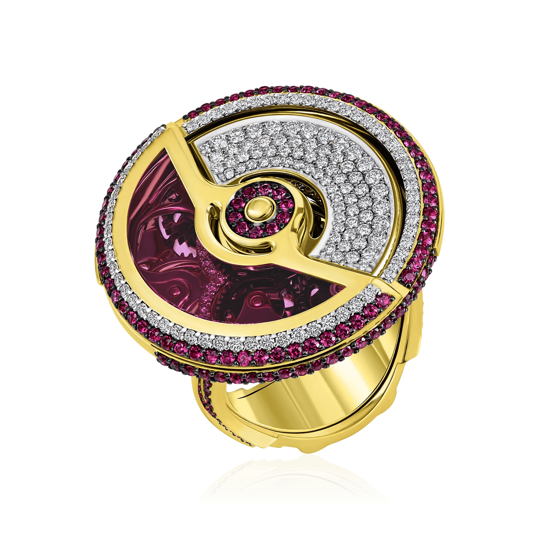 Кольцо с корундом, рубином, бриллиантами из желтого золота 585 пробы (арт. 102602)