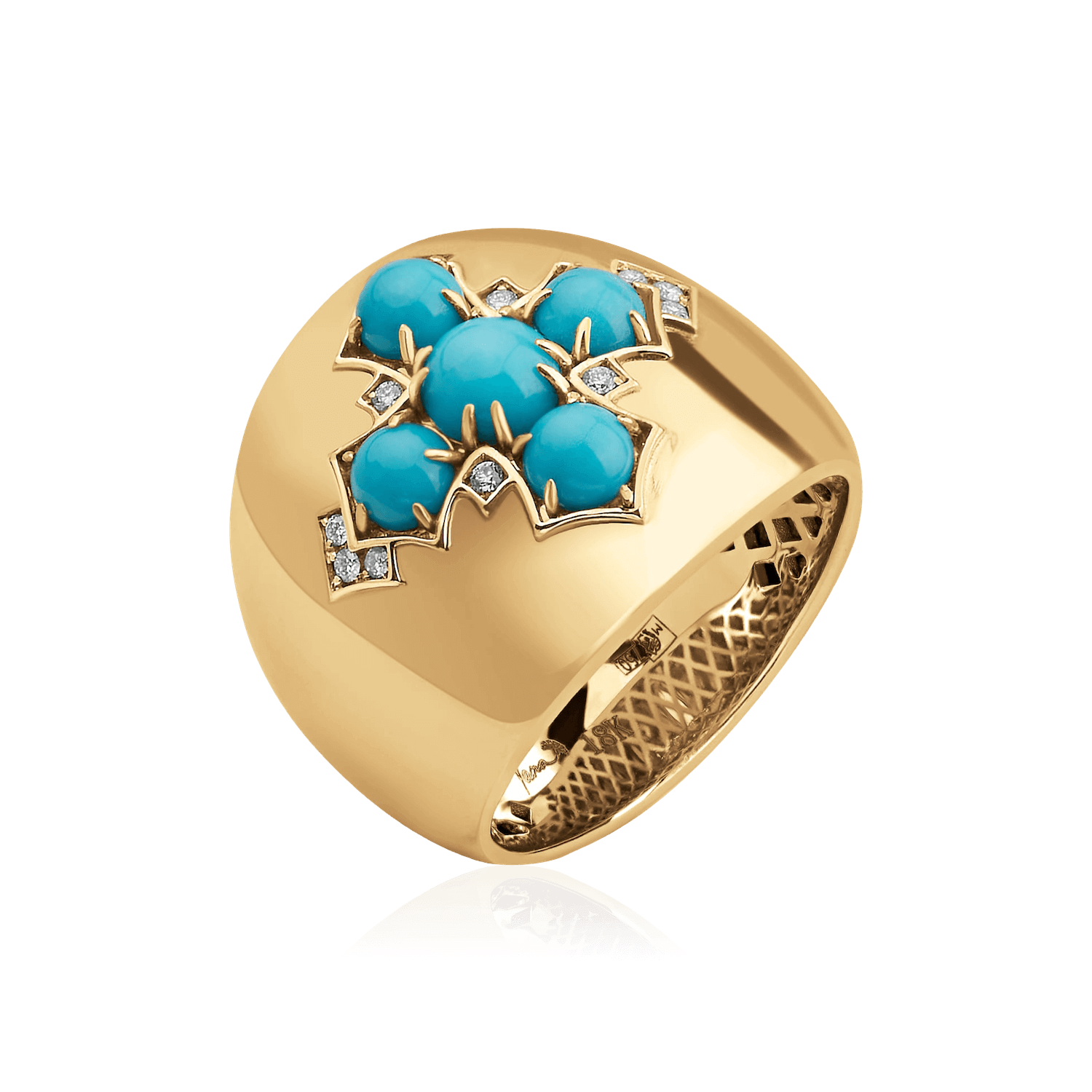 Кольцо с бирюзой, бриллиантами из желтого золота 750 пробы, фото № 1