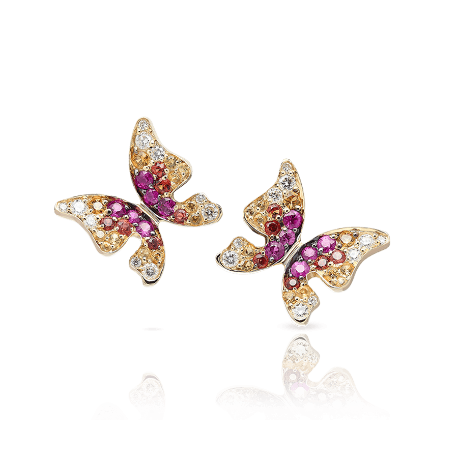 Серьги бабочки с рубином, сапфиром, бриллиантами из желтого золота 585 пробы (арт. 61390)