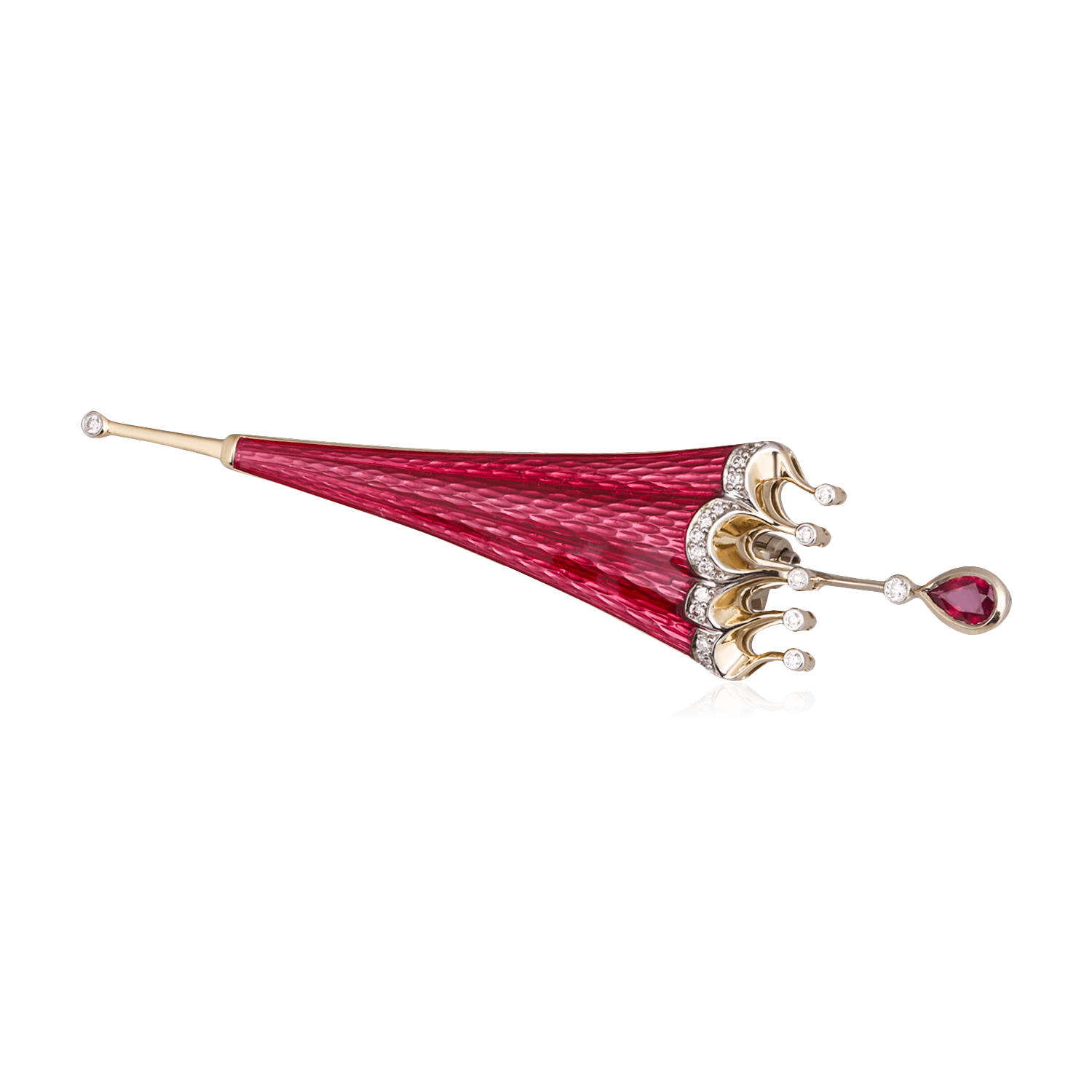 Брошь Зонтик с рубином, эмалью, бриллиантами из желтого золота 750 пробы (арт. 93572)