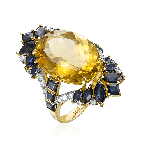 Кольцо с кварцем, сапфиром, бриллиантами из желтого золота 585 пробы, фото № 1
