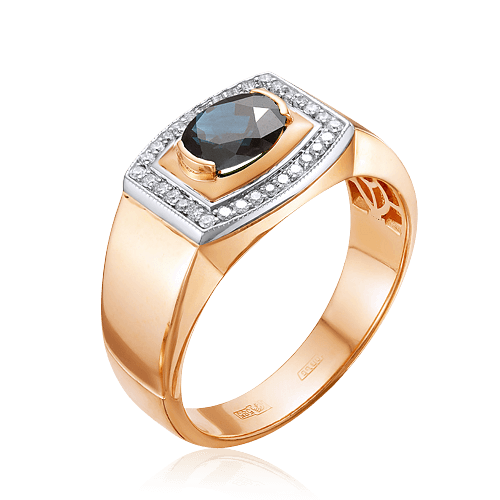 Мужское кольцо с сапфиром, бриллиантами из комбинированного золота 585 пробы (арт. 48106)