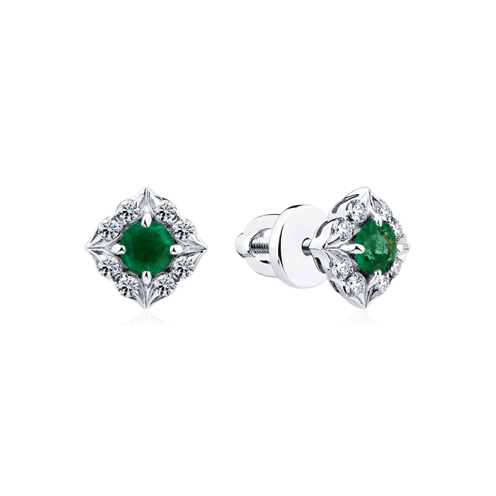 Серьги с изумрудом, бриллиантами из белого золота 585 пробы (арт. 127080)