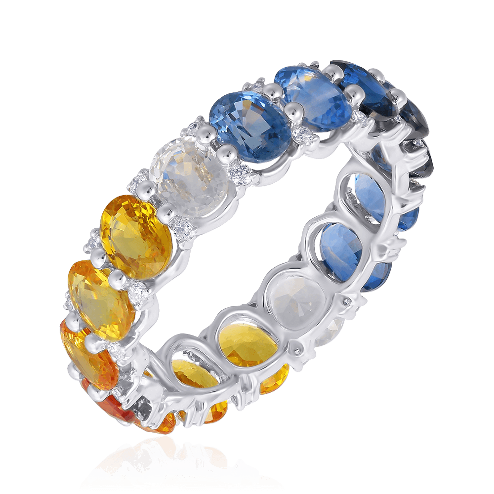 Кольцо с цветными сапфирами, бриллиантами в белом золоте 585 пробы, фото № 1