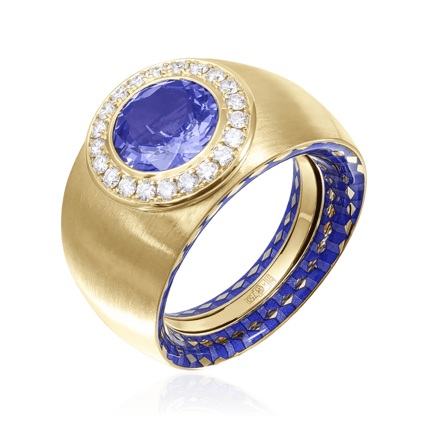 Кольцо с танзанитом, эмалью, бриллиантами из желтого золота 750 пробы, фото № 1
