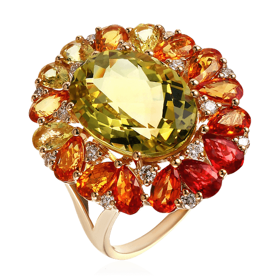 Кольцо с кварцем, бриллиантами, цветными сапфирами из желтого золота 585 пробы, фото № 1