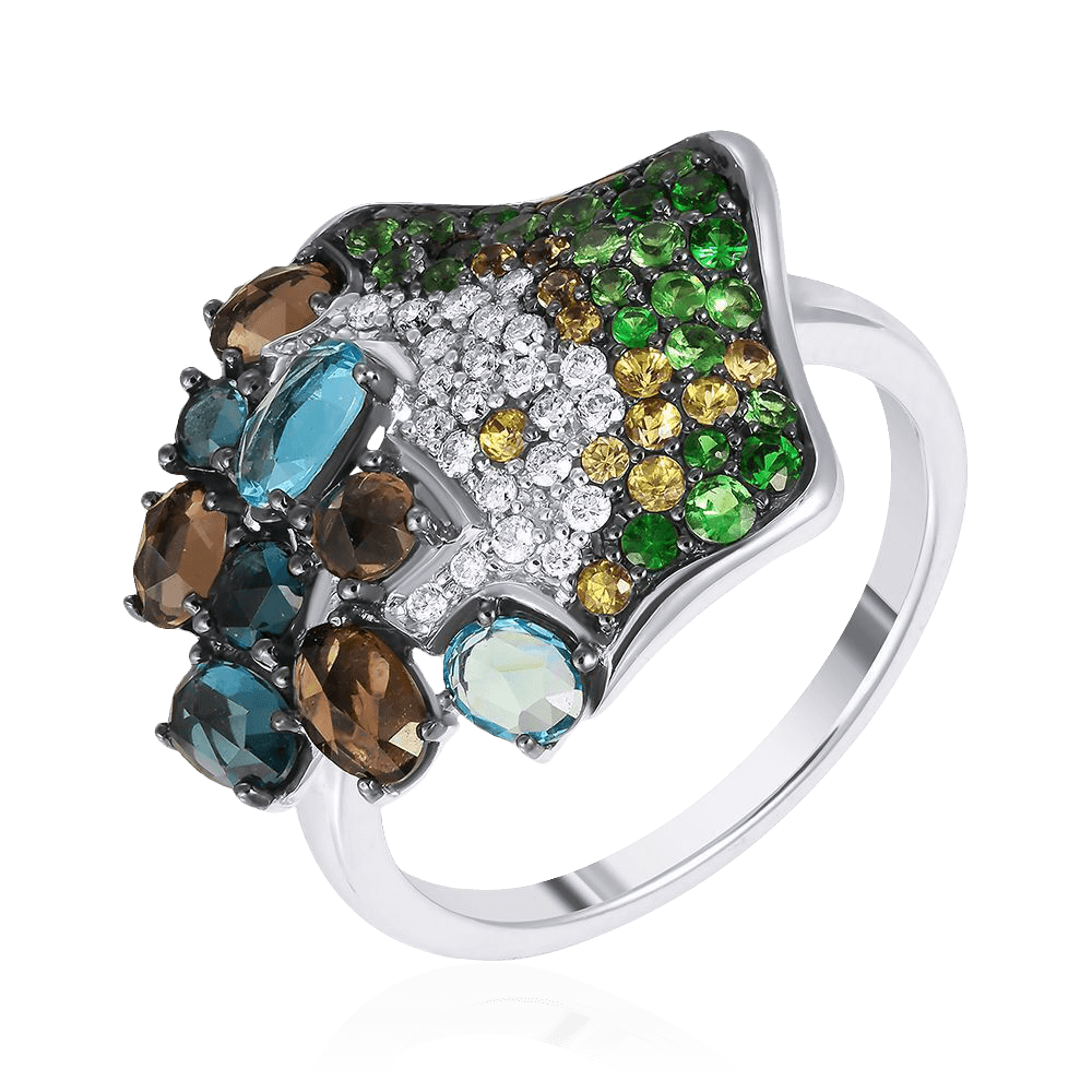 Кольцо с топазом, сапфиром, раухтопазом, бриллиантами, тсаворитом из белого золота 585 пробы, фото № 1