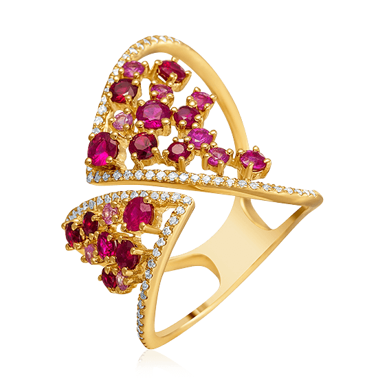 Кольцо с рубинами, розовыми сапфирами и бриллиантами в желтом золоте 585 пробы, фото № 1