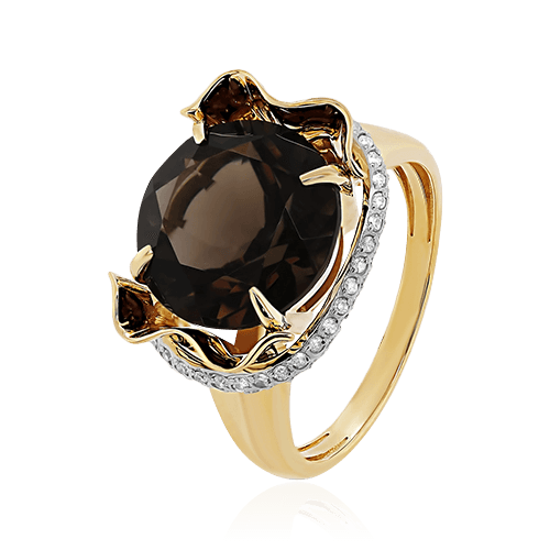 Кольцо с раухтопазом, бриллиантами из желтого золота 585 пробы, фото № 1