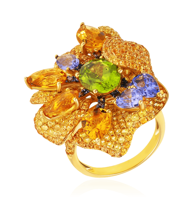 Кольцо с танзанитом , цитрином , перидотом , сапфирами , бриллиантами из желтого золота 585 пробы, фото № 1