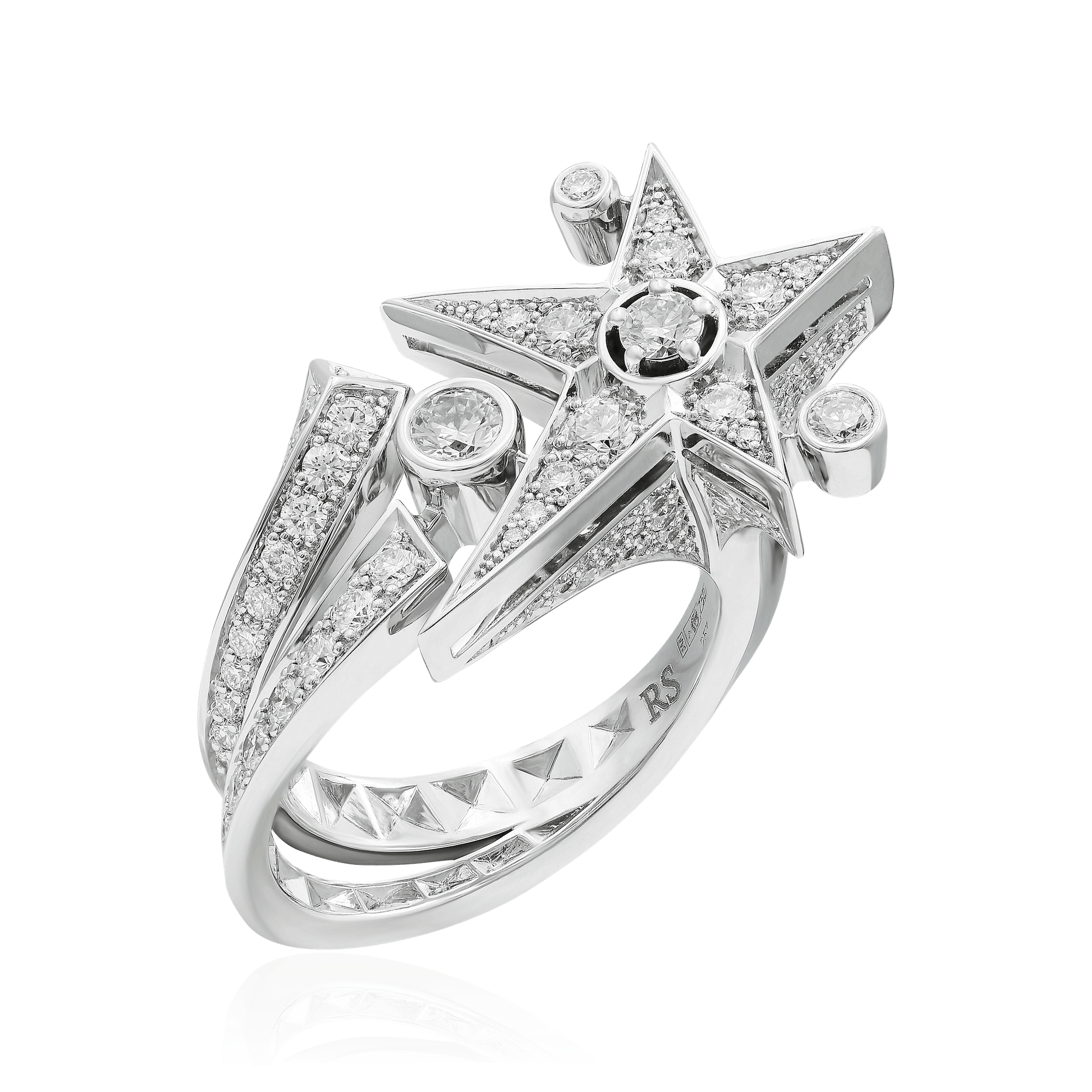 Кольцо в виде звезды с бриллиантами из белого золота 750 пробы (арт. 100437)