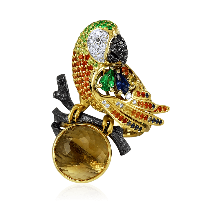 Кольцо Попугай с цветными камнями и бриллиантами, черными бриллиантами в желтом золоте 750 пробы (арт. 34990)