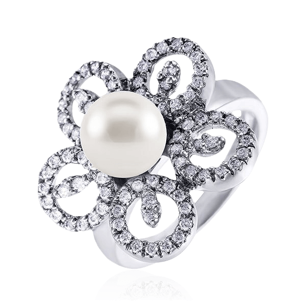 Кольцо цветок с бриллиантами, жемчугом из белого золота 585 пробы (арт. 99040)