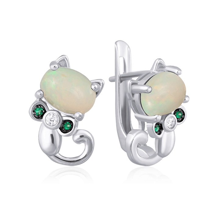 

Серьги Кошки с опалом, фианитами из серебра 925 пробы