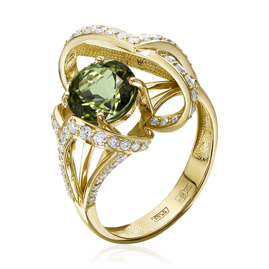 Кольцо с турмалином, бриллиантами из желтого золота 585 пробы, фото № 1