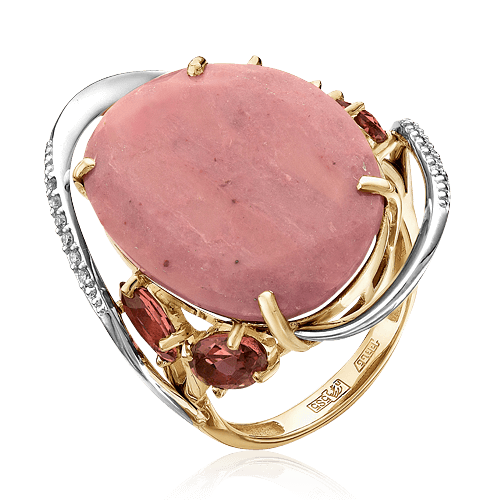 Кольцо с кварцем, турмалином, бриллиантами из желтого золота 585 пробы, фото № 1