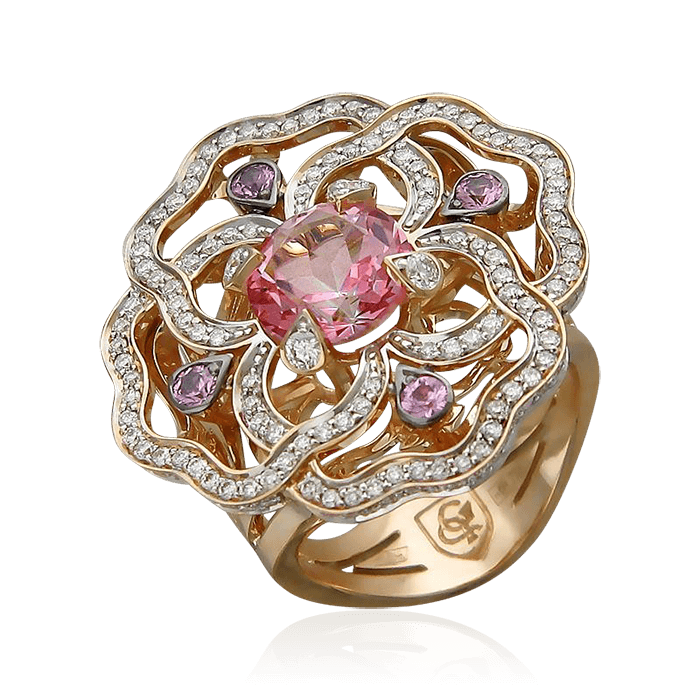 Кольцо с розовым топазом, цветными сапфирами, бриллиантами из красного золота 750 пробы, фото № 1