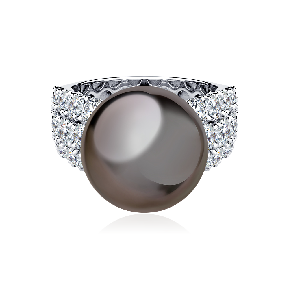 Кольцо с бриллиантами, жемчугом из белого золота 585 пробы, фото № 2