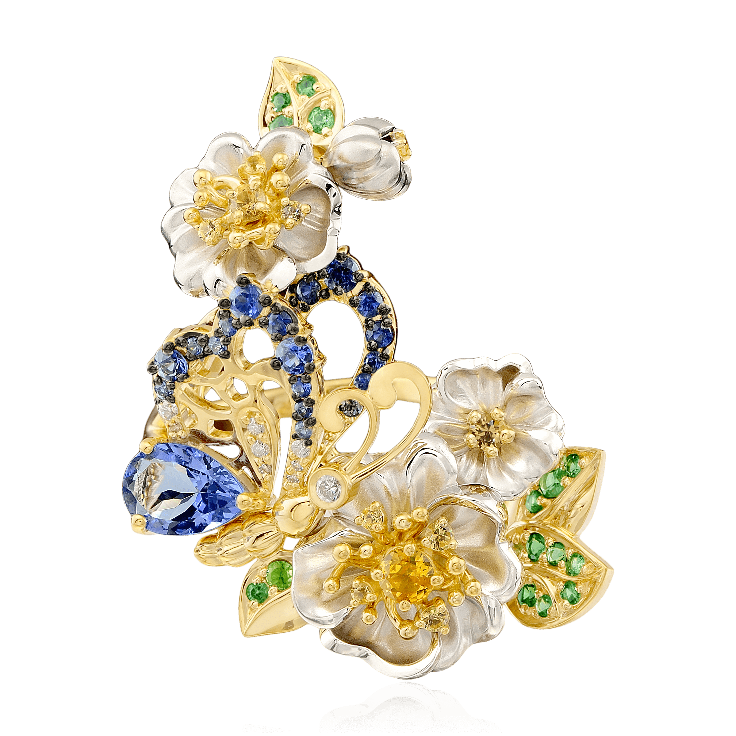 Кольцо Цветы с танзанитом, сапфиром, бриллиантами, тсаворитом из желтого золота 750 пробы, фото № 2